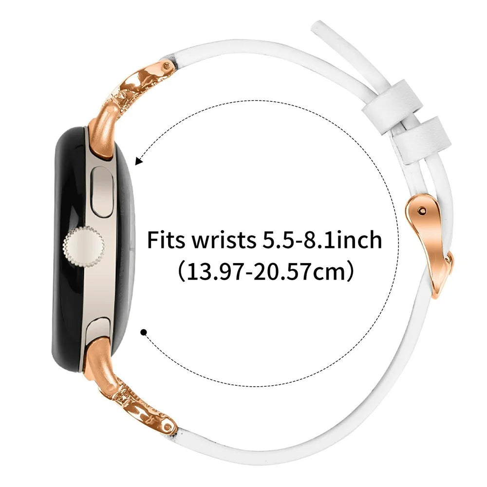 Genuine Cow Leather Strap with Rose Gold Buckle for Google Pixel Watch 4 41mm / Watch 3 41mm / Watch 2 / Watch , Rhinestone Connector Watch Band - White - 6