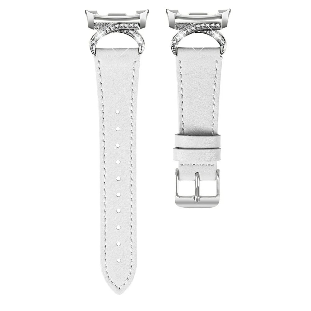 Genuine Cow Leather Strap for Samsung Galaxy Watch8 40mm / Watch8 44mm / Watch8 Classic 46mm , Rhinestone Connector Watch Band with Silver Buckle - White - 1