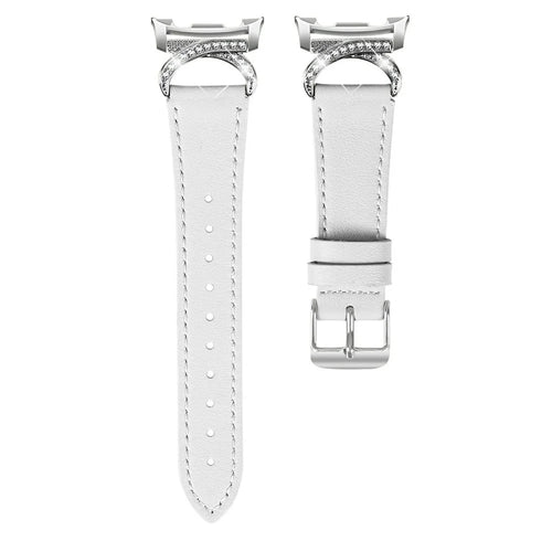 Genuine Cow Leather Strap for Samsung Galaxy Watch8 40mm / Watch8 44mm / Watch8 Classic 46mm , Rhinestone Connector Watch Band with Silver Buckle - White - 1
