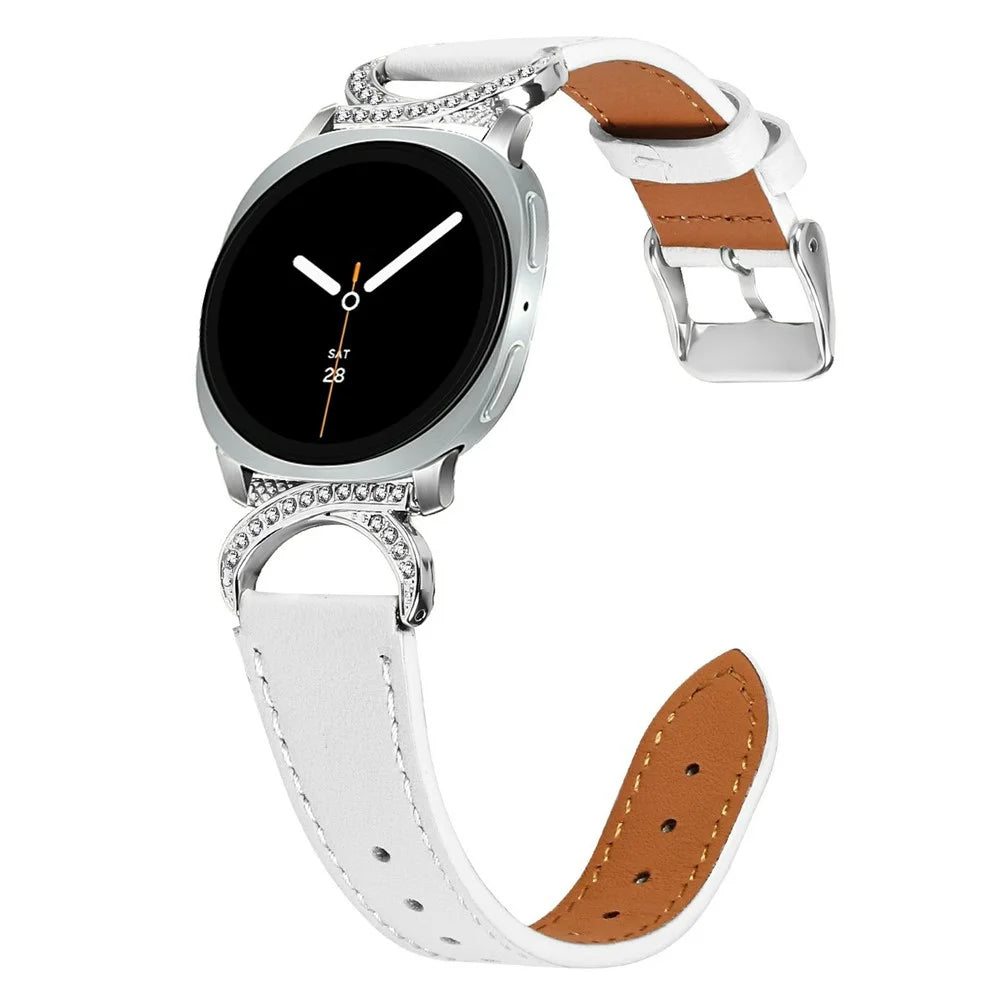 Genuine Cow Leather Strap for Samsung Galaxy Watch8 40mm / Watch8 44mm / Watch8 Classic 46mm , Rhinestone Connector Watch Band with Silver Buckle - White - 2