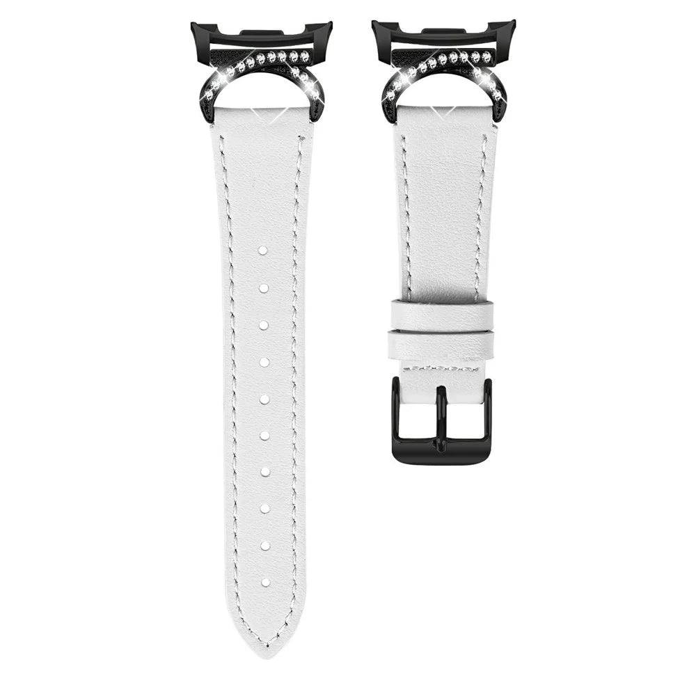 Genuine Cow Leather Strap for Samsung Galaxy Watch8 40mm / Watch8 44mm / Watch8 Classic 46mm , Rhinestone Connector Watch Band with Black Buckle - White - 1