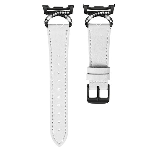 Genuine Cow Leather Strap for Samsung Galaxy Watch8 40mm / Watch8 44mm / Watch8 Classic 46mm , Rhinestone Connector Watch Band with Black Buckle - White - 1