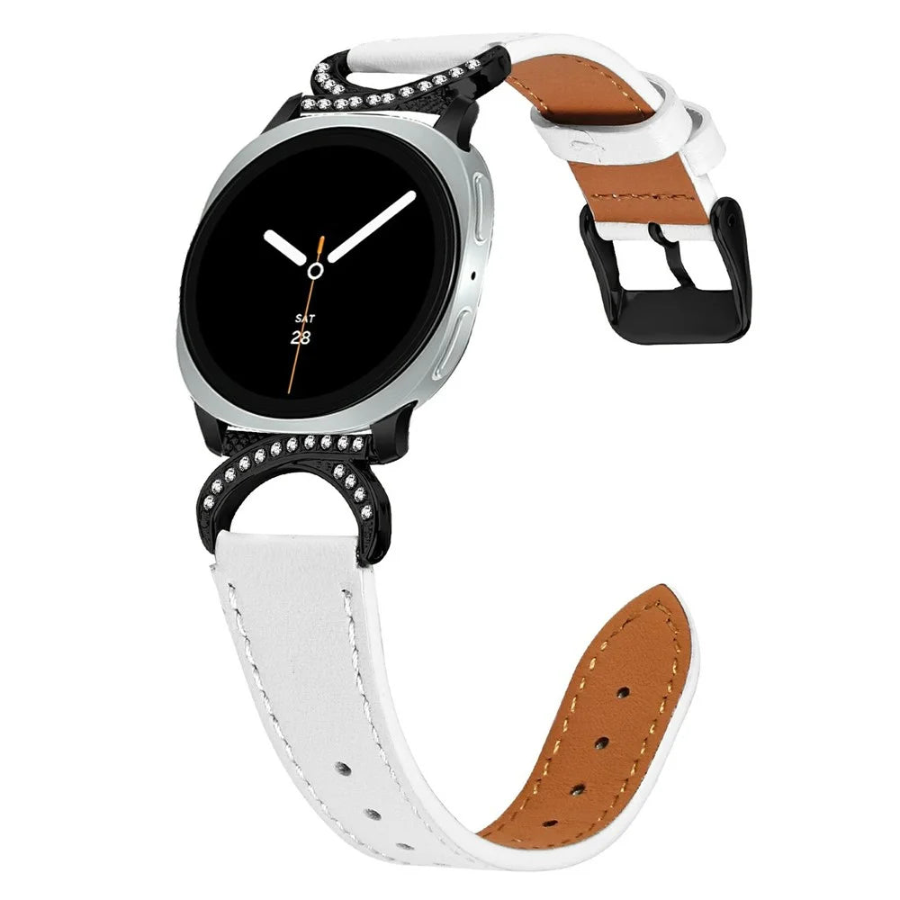 Genuine Cow Leather Strap for Samsung Galaxy Watch8 40mm / Watch8 44mm / Watch8 Classic 46mm , Rhinestone Connector Watch Band with Black Buckle - White - 2