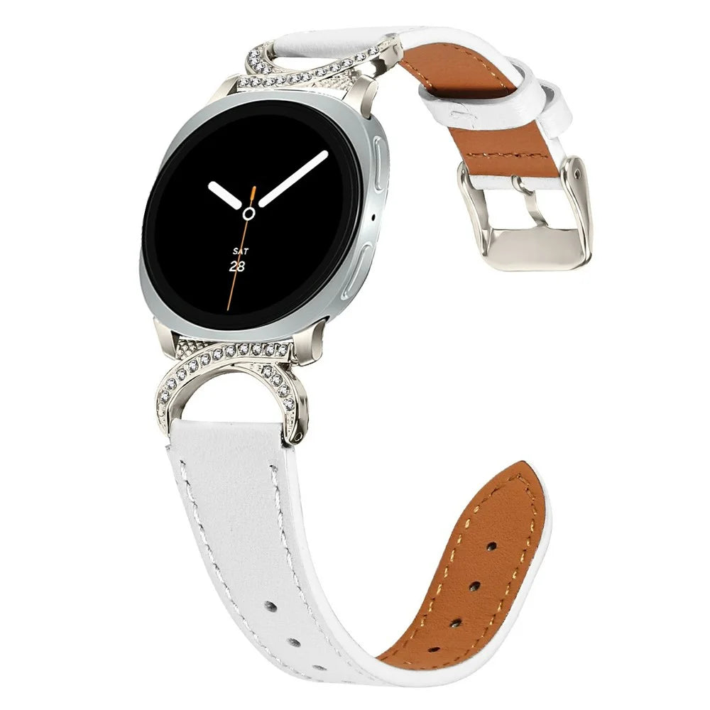 Genuine Cow Leather Strap for Samsung Galaxy Watch8 40mm / Watch8 44mm / Watch8 Classic 46mm , Rhinestone Connector Watch Band with Starlight Buckle - White - 2