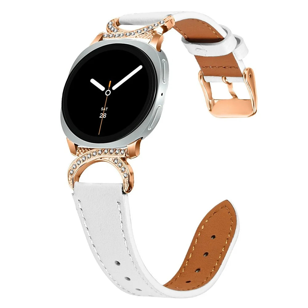 Genuine Cow Leather Strap with Rose Gold Buckle for Samsung Galaxy Watch8 40mm / Watch8 44mm / Watch8 Classic 46mm , Rhinestone Connector Watch Band - White - 2