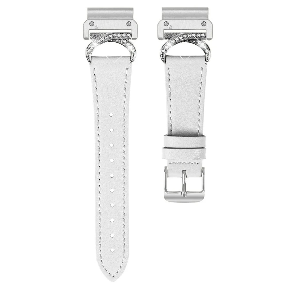 For Garmin Fenix 8 47mm Strap Genuine Cow Leather Rhinestone Connector Watch Band with Silver Buckle - White - 1