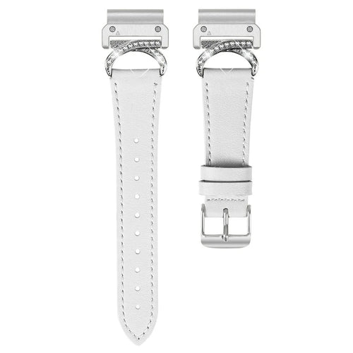 For Garmin Fenix 8 47mm Strap Genuine Cow Leather Rhinestone Connector Watch Band with Silver Buckle - White - 1