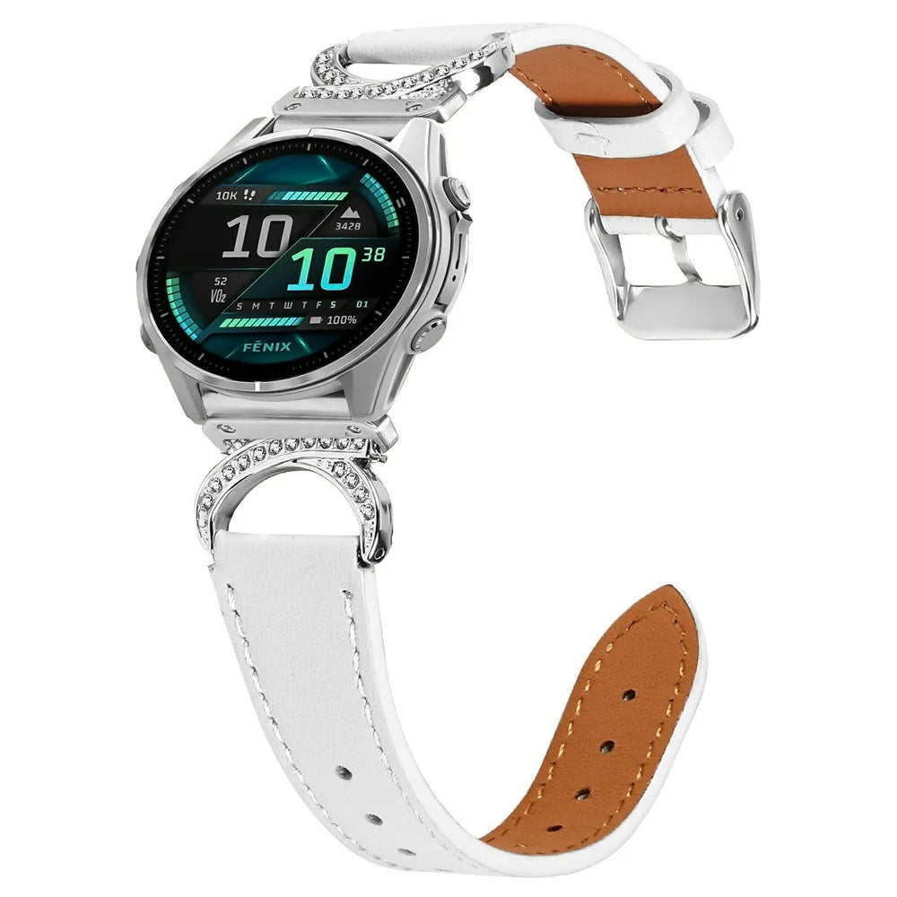 For Garmin Fenix 8 47mm Strap Genuine Cow Leather Rhinestone Connector Watch Band with Silver Buckle - White - 2