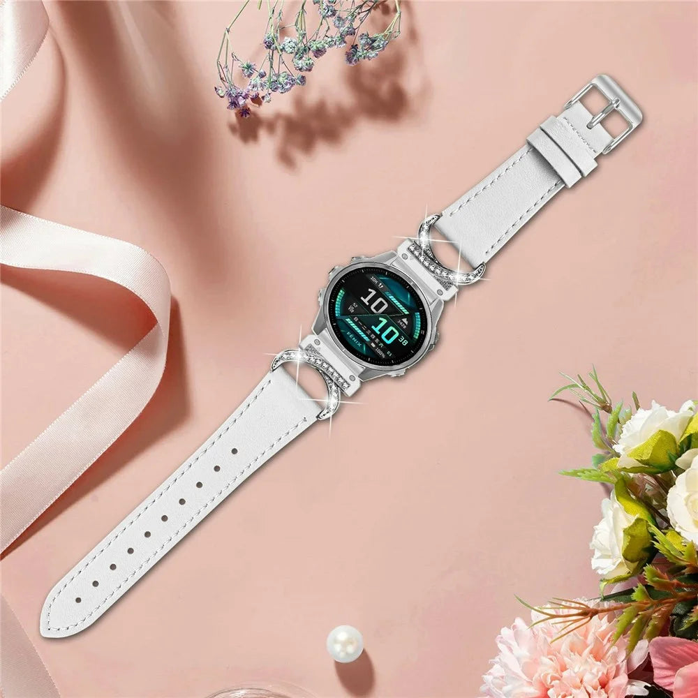 For Garmin Fenix 8 47mm Strap Genuine Cow Leather Rhinestone Connector Watch Band with Silver Buckle - White - 5