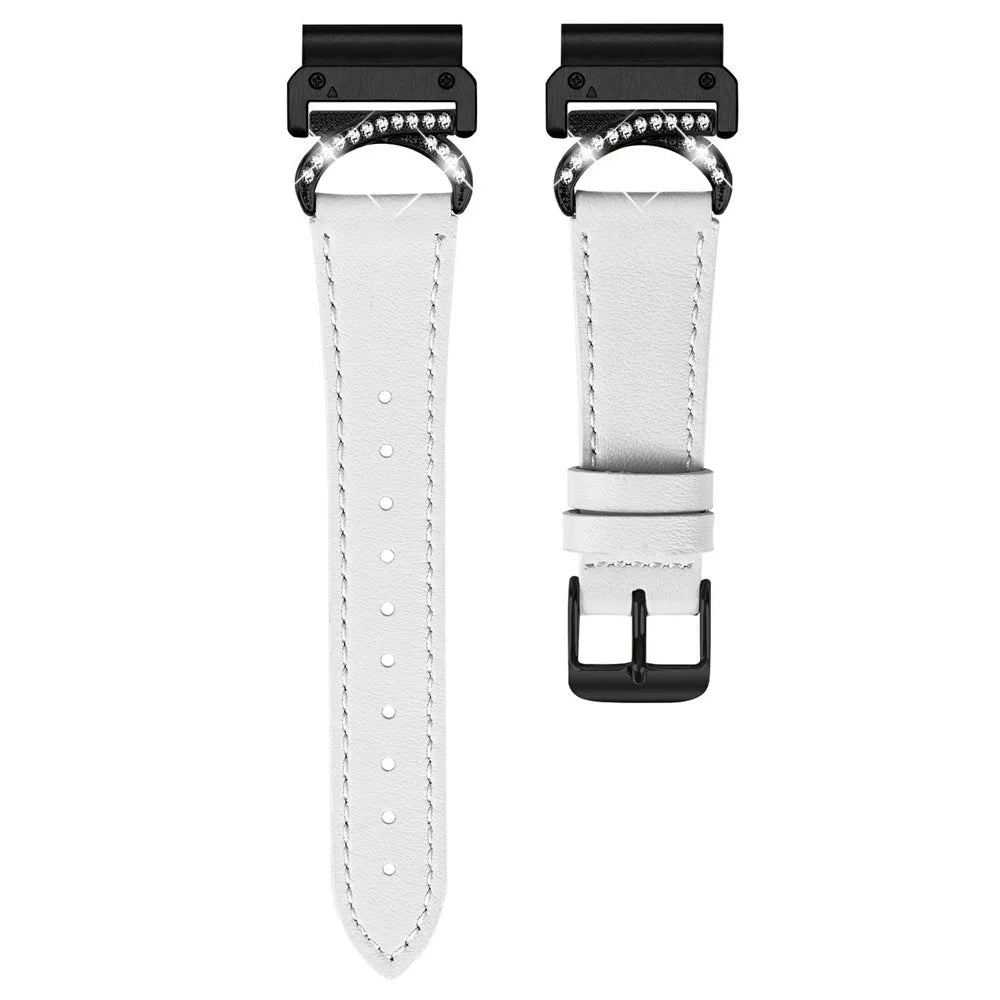 For Garmin Fenix 8 47mm Strap with Black Buckle Rhinestone Connector Genuine Cow Leather Watch Band - White - 1