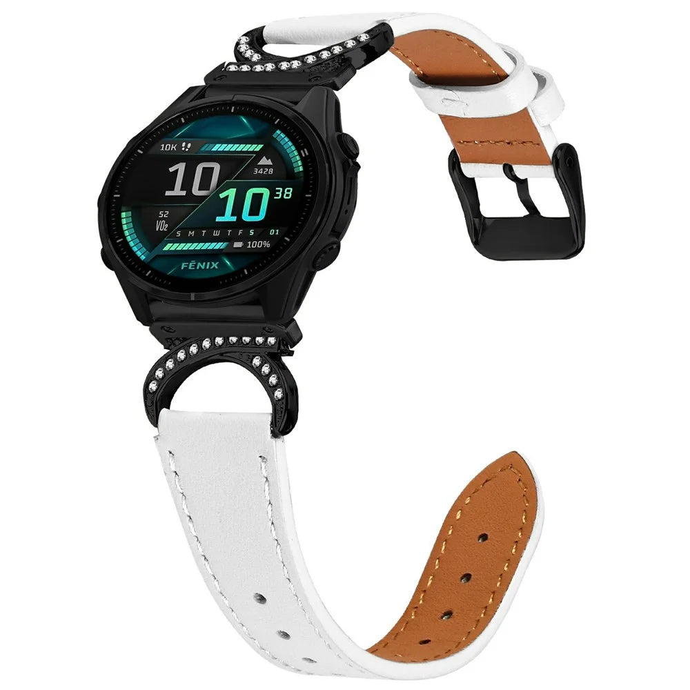 For Garmin Fenix 8 47mm Strap with Black Buckle Rhinestone Connector Genuine Cow Leather Watch Band - White - 2