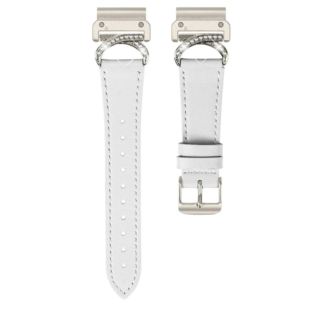 For Garmin Fenix 8 47mm Genuine Cow Leather Strap with Starlight Buckle Rhinestone Connector Watch Band - White - 1