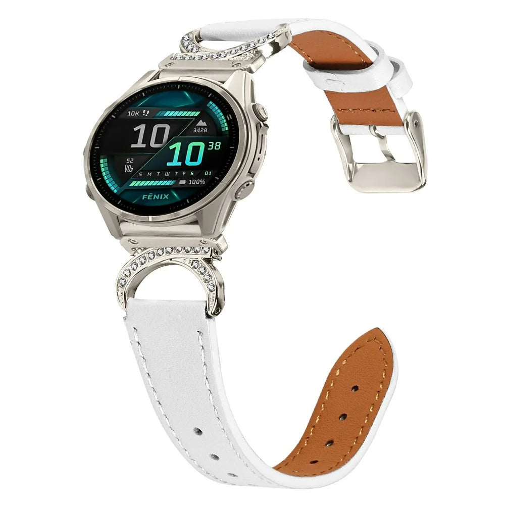 For Garmin Fenix 8 47mm Genuine Cow Leather Strap with Starlight Buckle Rhinestone Connector Watch Band - White - 2