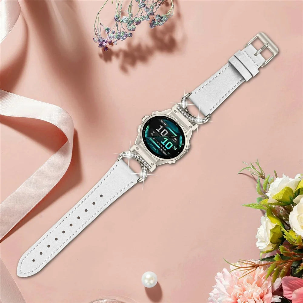 For Garmin Fenix 8 47mm Genuine Cow Leather Strap with Starlight Buckle Rhinestone Connector Watch Band - White - 5
