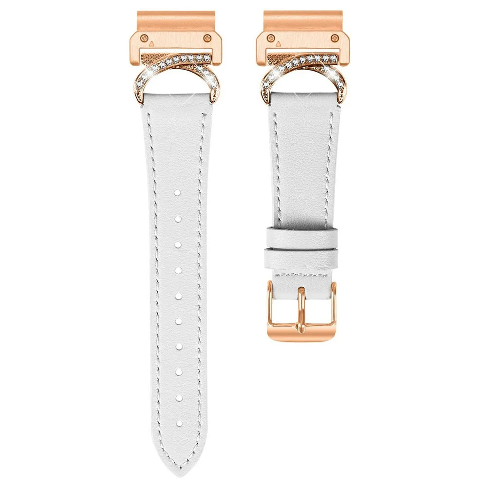 For Garmin Fenix 8 47mm Strap with Rose Gold Buckle Rhinestone Connector Genuine Cow Leather Watch Band - White - 1