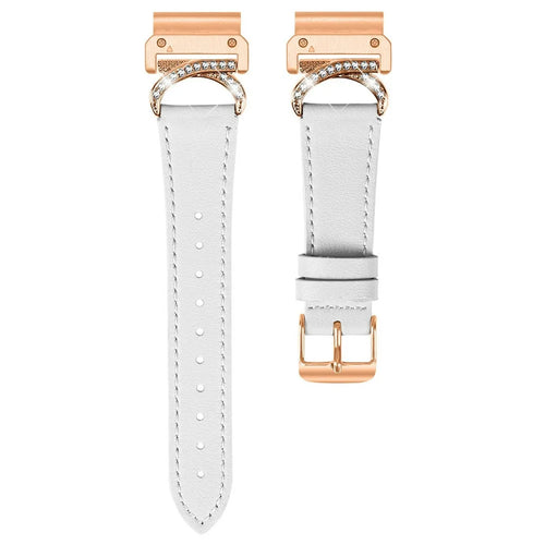 For Garmin Fenix 8 47mm Strap with Rose Gold Buckle Rhinestone Connector Genuine Cow Leather Watch Band - White - 1