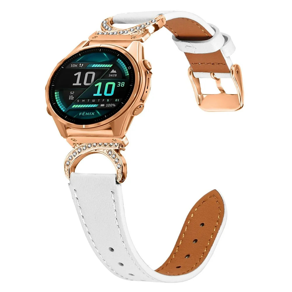 For Garmin Fenix 8 47mm Strap with Rose Gold Buckle Rhinestone Connector Genuine Cow Leather Watch Band - White - 2