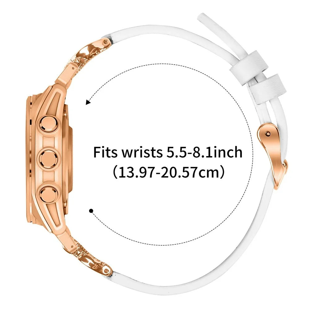 For Garmin Fenix 8 47mm Strap with Rose Gold Buckle Rhinestone Connector Genuine Cow Leather Watch Band - White - 6