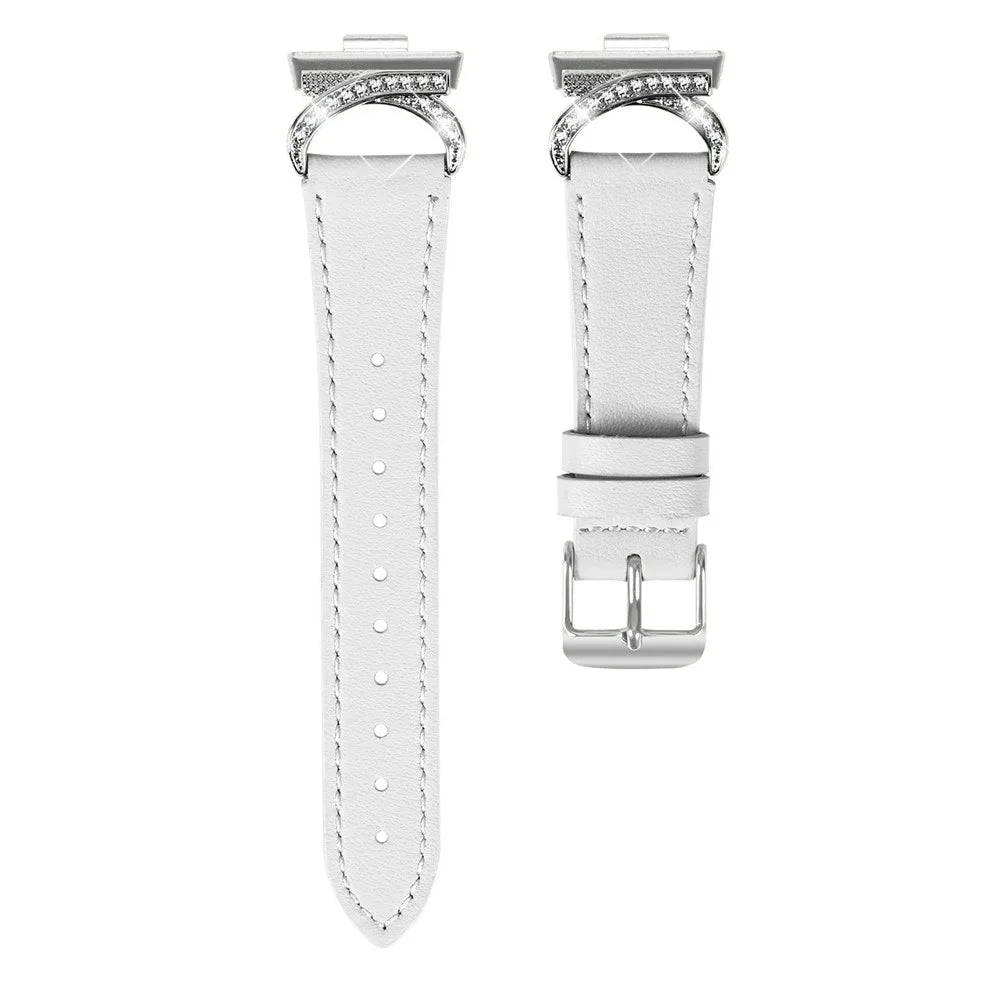 Genuine Cow Leather Strap for Huawei Watch Fit 4 / Fit 4 Pro / Fit 3 , Rhinestone Connector Watch Band with Silver Buckle - White - 1