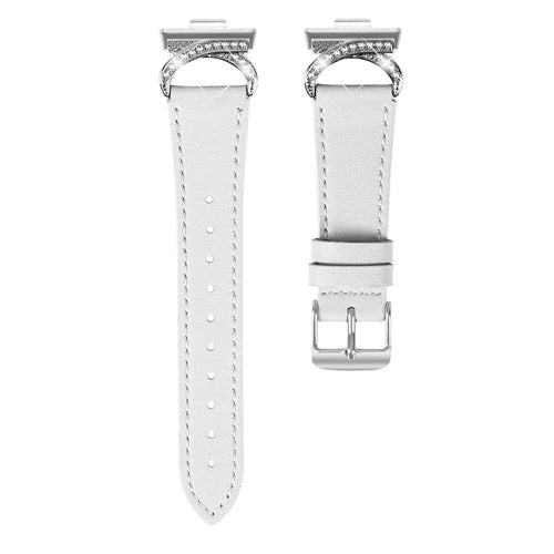 Genuine Cow Leather Strap for Huawei Watch Fit 4 / Fit 4 Pro / Fit 3 , Rhinestone Connector Watch Band with Silver Buckle - White - 1