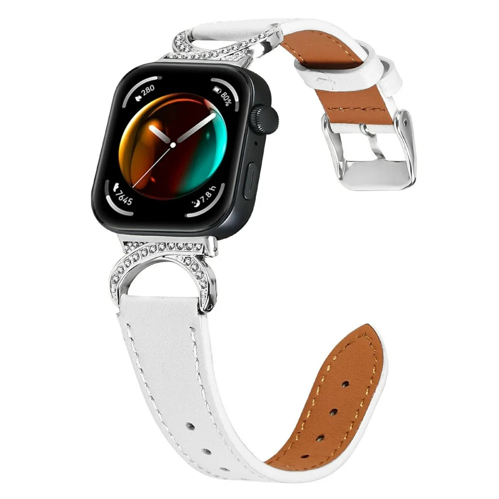 Genuine Cow Leather Strap for Huawei Watch Fit 4 / Fit 4 Pro / Fit 3 , Rhinestone Connector Watch Band with Silver Buckle - White - 2