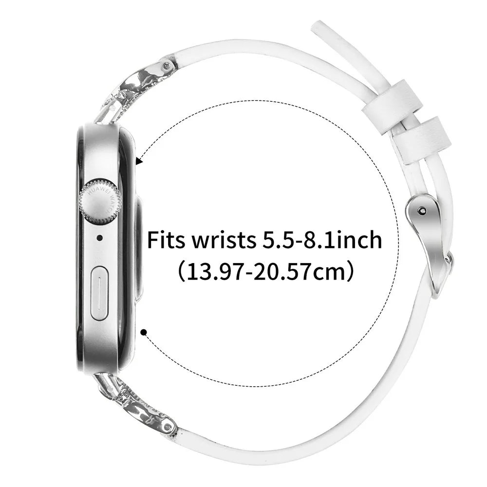 Genuine Cow Leather Strap for Huawei Watch Fit 4 / Fit 4 Pro / Fit 3 , Rhinestone Connector Watch Band with Silver Buckle - White - 6