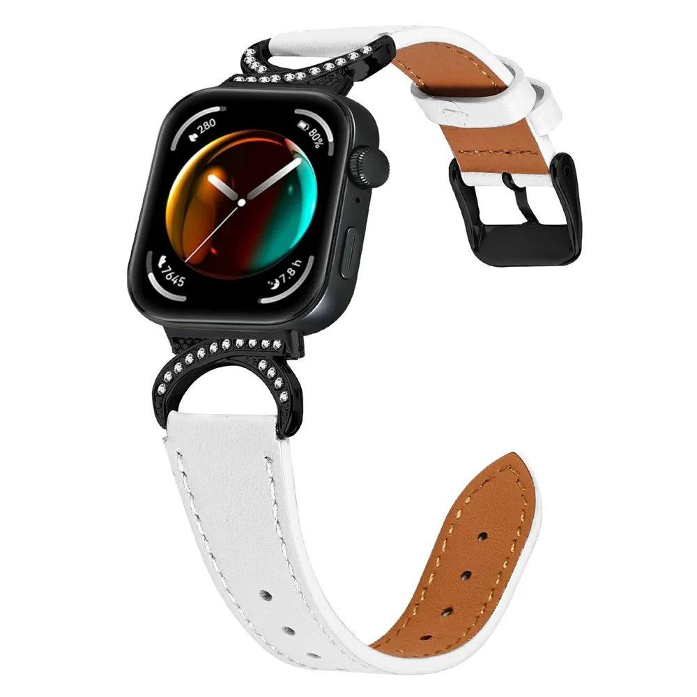 Genuine Cow Leather Strap with Black Buckle for Huawei Watch Fit 4 / Fit 4 Pro / Fit 3 , Rhinestone Connector Watch Band - White - 2