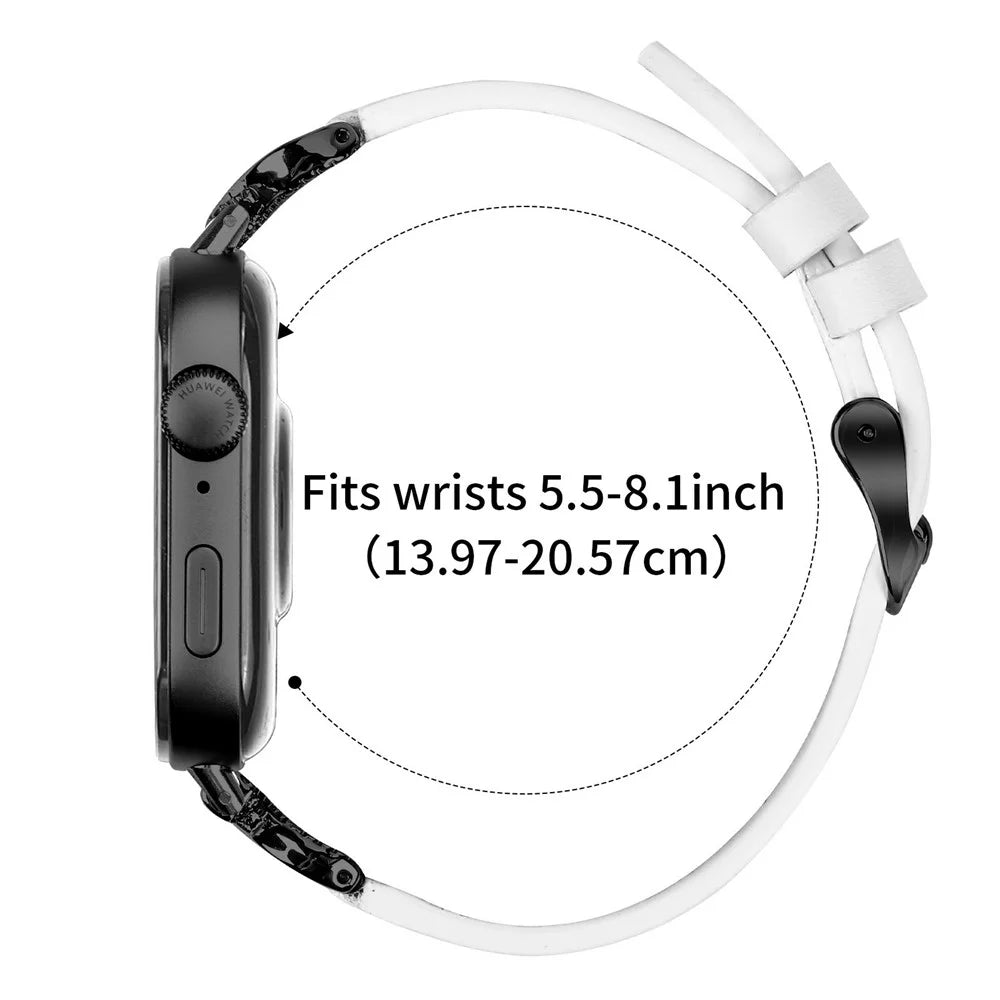 Genuine Cow Leather Strap with Black Buckle for Huawei Watch Fit 4 / Fit 4 Pro / Fit 3 , Rhinestone Connector Watch Band - White - 6
