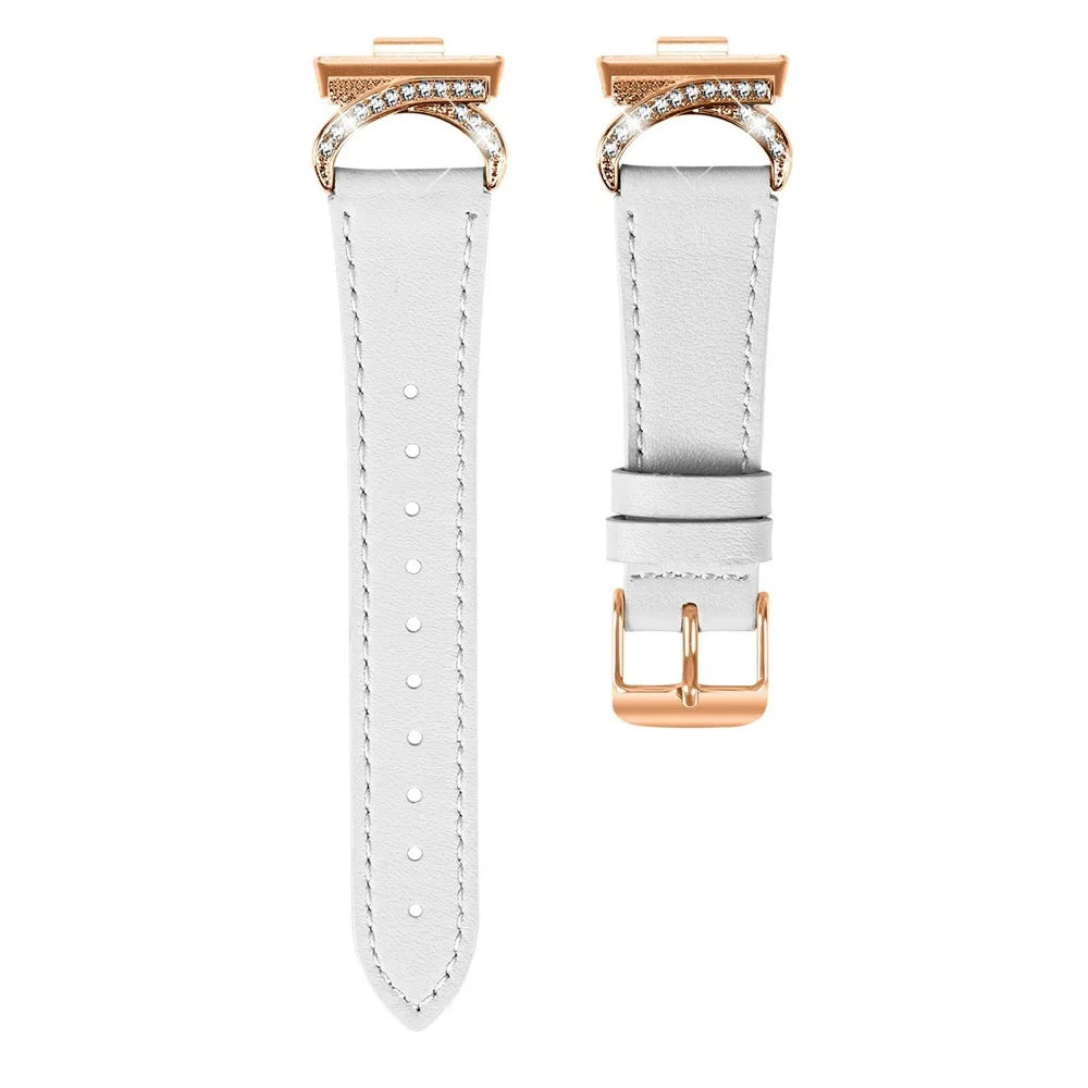 Genuine Cow Leather Strap for Huawei Watch Fit 4 / Fit 4 Pro / Fit 3 Rhinestone Connector Watch Band with Rose Gold Buckle - White - 1