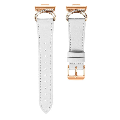 Genuine Cow Leather Strap for Huawei Watch Fit 4 / Fit 4 Pro / Fit 3 Rhinestone Connector Watch Band with Rose Gold Buckle - White - 1