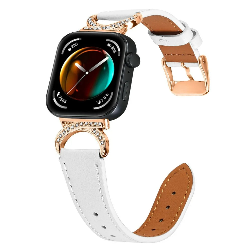 Genuine Cow Leather Strap for Huawei Watch Fit 4 / Fit 4 Pro / Fit 3 Rhinestone Connector Watch Band with Rose Gold Buckle - White - 2