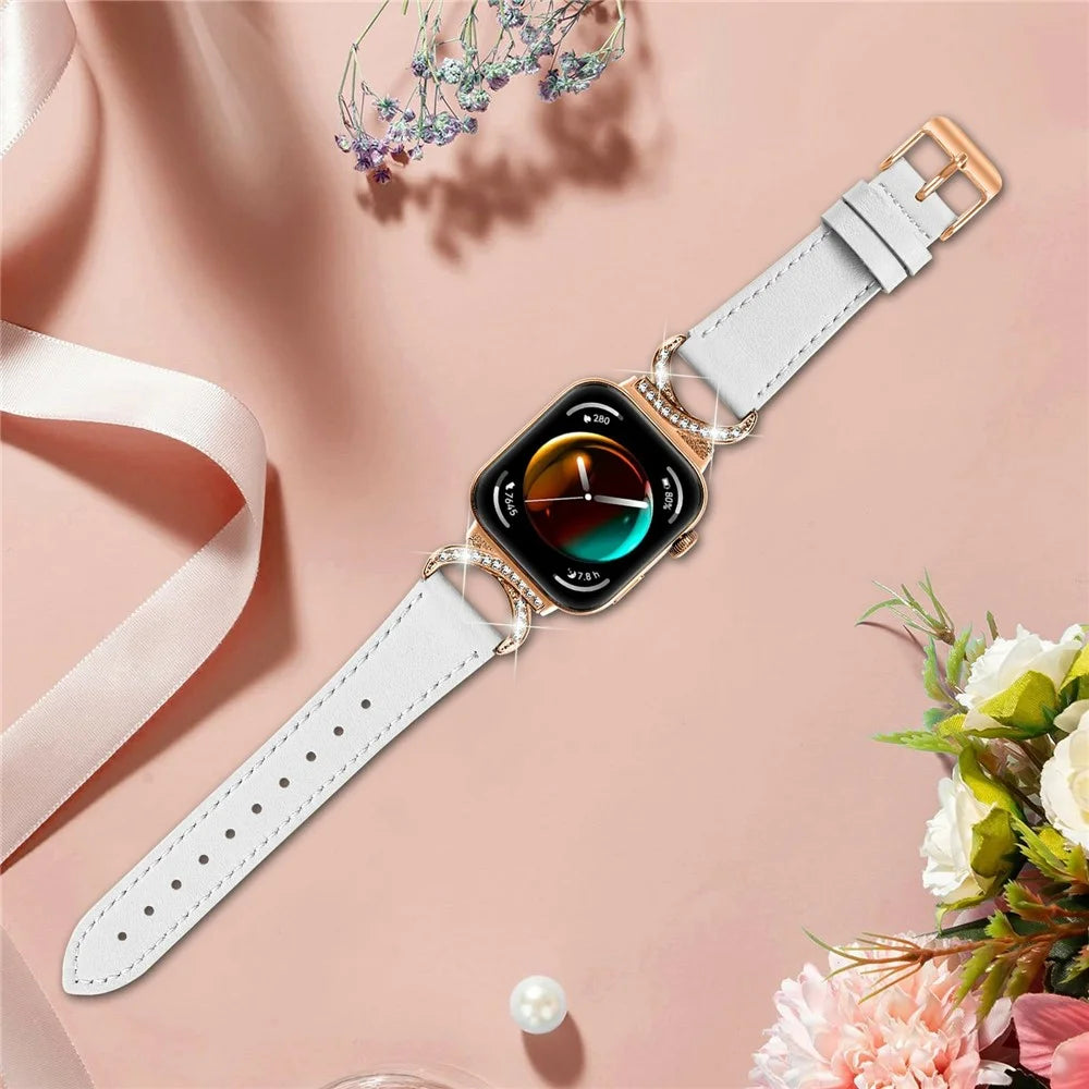 Genuine Cow Leather Strap for Huawei Watch Fit 4 / Fit 4 Pro / Fit 3 Rhinestone Connector Watch Band with Rose Gold Buckle - White - 5