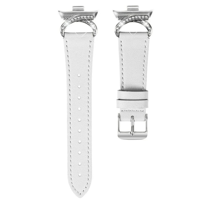 Genuine Cow Leather Strap for Xiaomi Smart Band 9 Pro / 8 Pro / Redmi Watch 4 , Rhinestone Connector Watch Band with Silver Buckle - White - 1