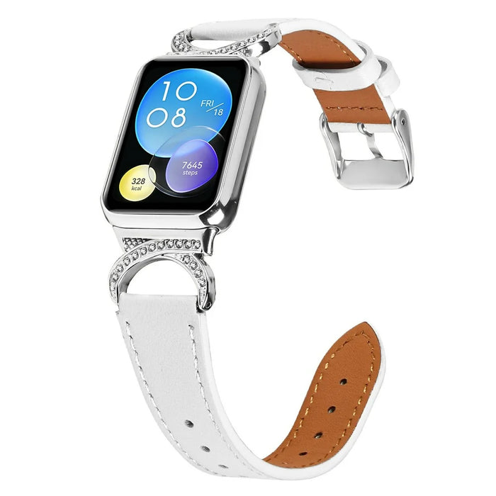 Genuine Cow Leather Strap for Xiaomi Smart Band 9 Pro / 8 Pro / Redmi Watch 4 , Rhinestone Connector Watch Band with Silver Buckle - White - 2