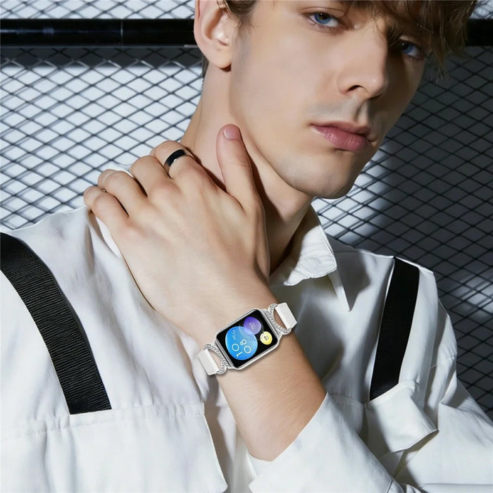 Genuine Cow Leather Strap for Xiaomi Smart Band 9 Pro / 8 Pro / Redmi Watch 4 , Rhinestone Connector Watch Band with Silver Buckle - White - 3