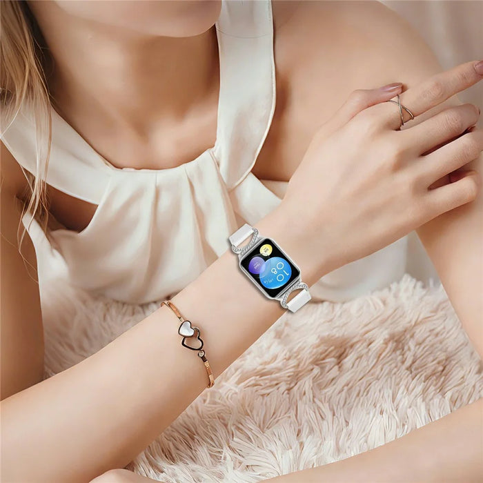 Genuine Cow Leather Strap for Xiaomi Smart Band 9 Pro / 8 Pro / Redmi Watch 4 , Rhinestone Connector Watch Band with Silver Buckle - White - 4