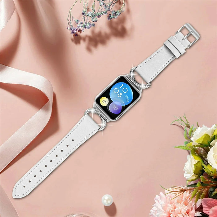 Genuine Cow Leather Strap for Xiaomi Smart Band 9 Pro / 8 Pro / Redmi Watch 4 , Rhinestone Connector Watch Band with Silver Buckle - White - 5