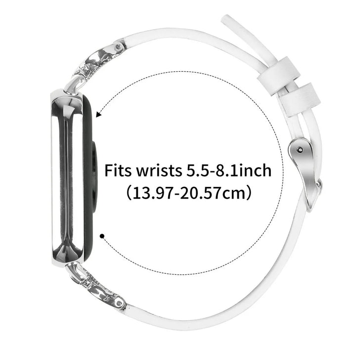 Genuine Cow Leather Strap for Xiaomi Smart Band 9 Pro / 8 Pro / Redmi Watch 4 , Rhinestone Connector Watch Band with Silver Buckle - White - 6