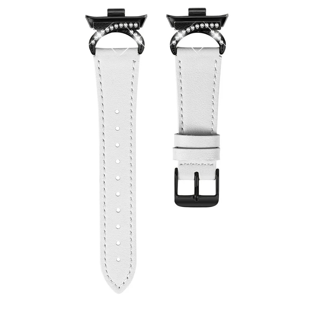 Genuine Cow Leather Strap for Xiaomi Smart Band 9 Pro / 8 Pro / Redmi Watch 4 , Rhinestone Connector Watch Band with Black Buckle - White - 1