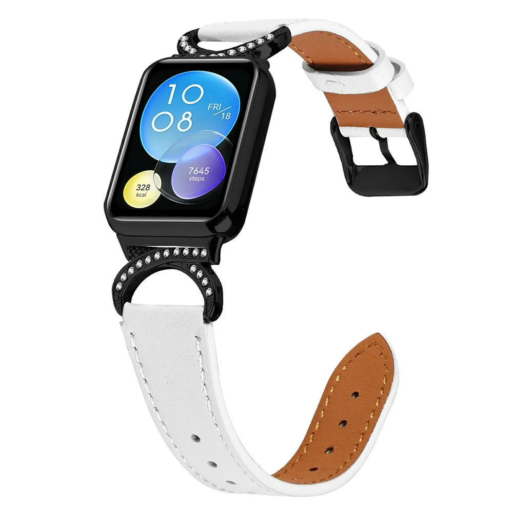 Genuine Cow Leather Strap for Xiaomi Smart Band 9 Pro / 8 Pro / Redmi Watch 4 , Rhinestone Connector Watch Band with Black Buckle - White - 2