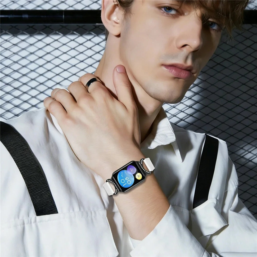 Genuine Cow Leather Strap for Xiaomi Smart Band 9 Pro / 8 Pro / Redmi Watch 4 , Rhinestone Connector Watch Band with Black Buckle - White - 3