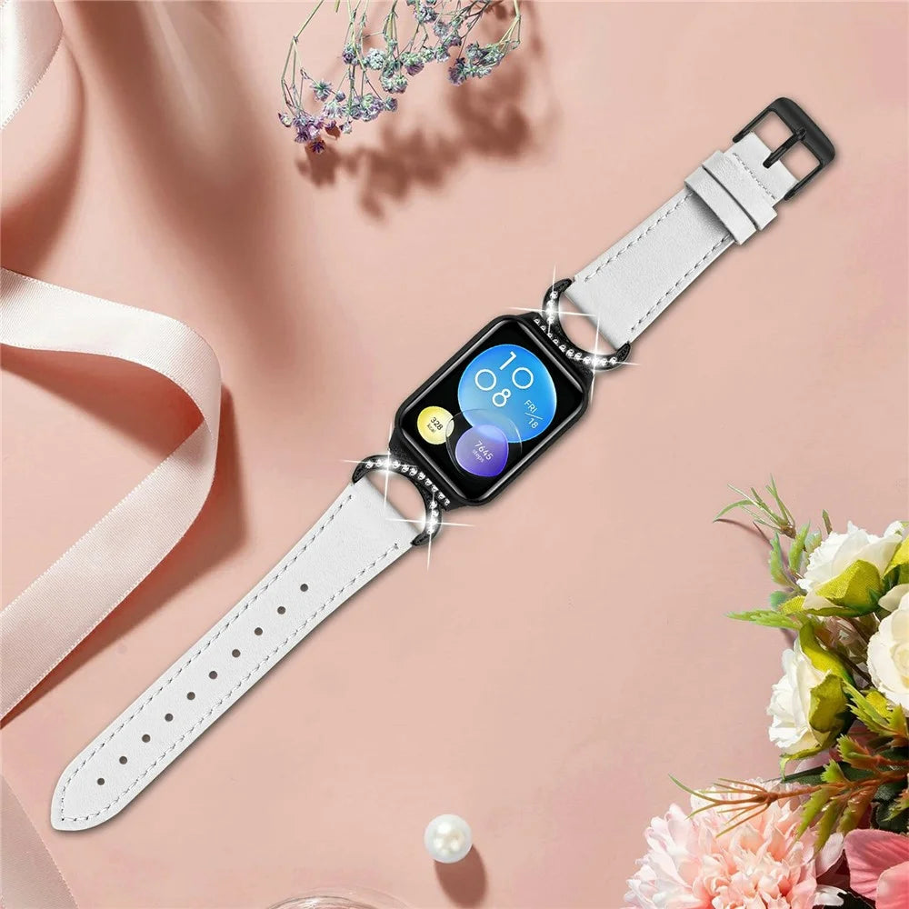 Genuine Cow Leather Strap for Xiaomi Smart Band 9 Pro / 8 Pro / Redmi Watch 4 , Rhinestone Connector Watch Band with Black Buckle - White - 5