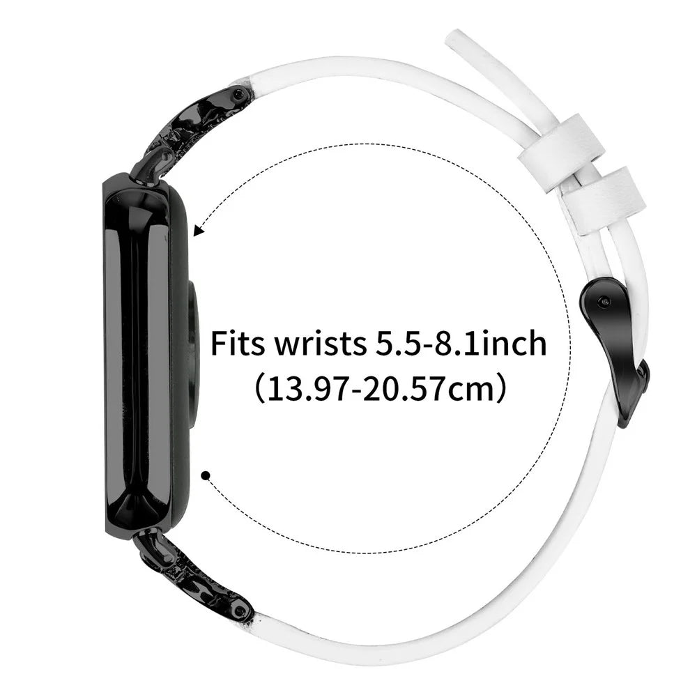 Genuine Cow Leather Strap for Xiaomi Smart Band 9 Pro / 8 Pro / Redmi Watch 4 , Rhinestone Connector Watch Band with Black Buckle - White - 6