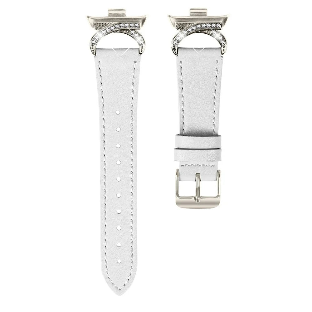 Genuine Cow Leather Strap with Starlight Buckle for Xiaomi Smart Band 9 Pro / 8 Pro / Redmi Watch 4 , Rhinestone Connector Watch Band - White - 1