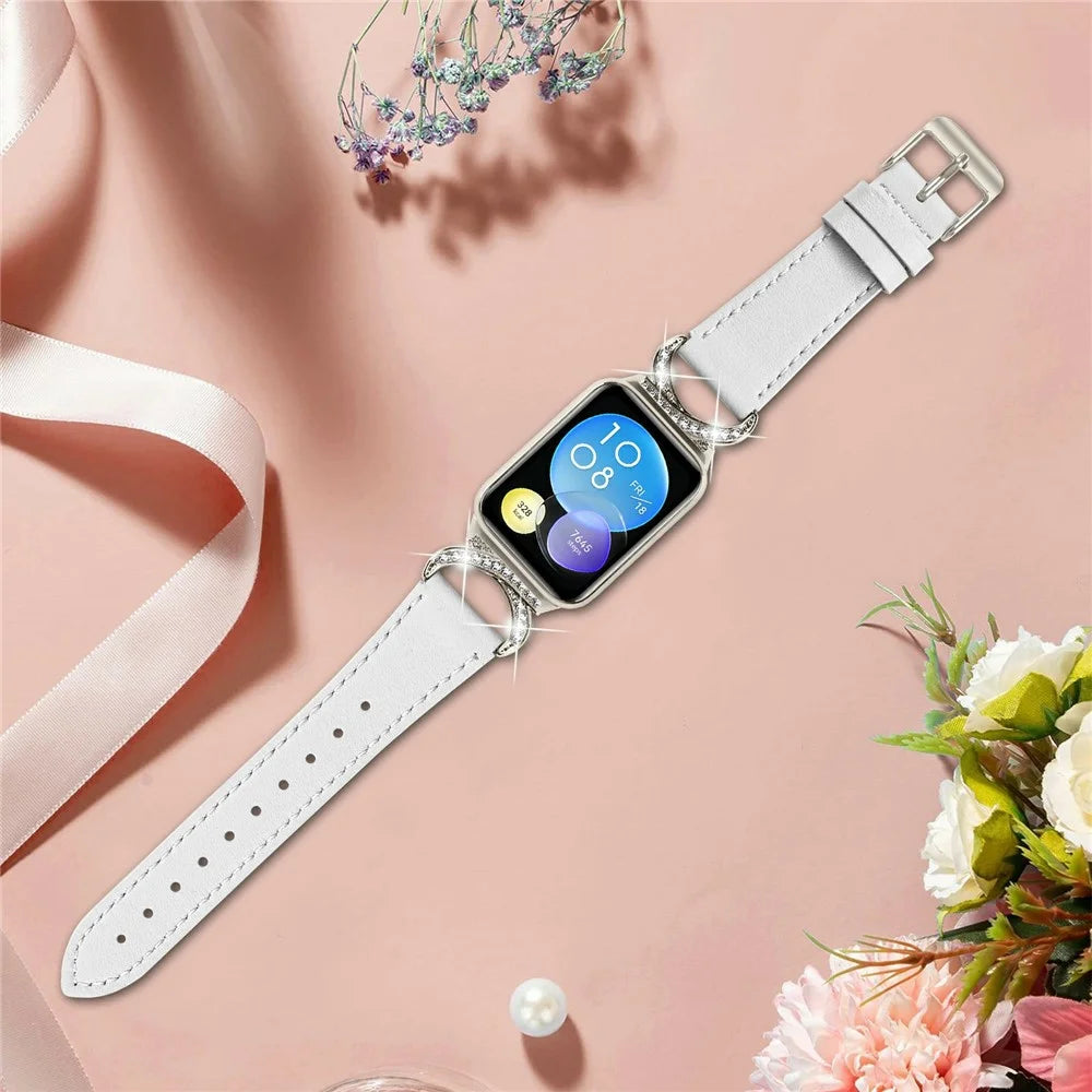 Genuine Cow Leather Strap with Starlight Buckle for Xiaomi Smart Band 9 Pro / 8 Pro / Redmi Watch 4 , Rhinestone Connector Watch Band - White - 5