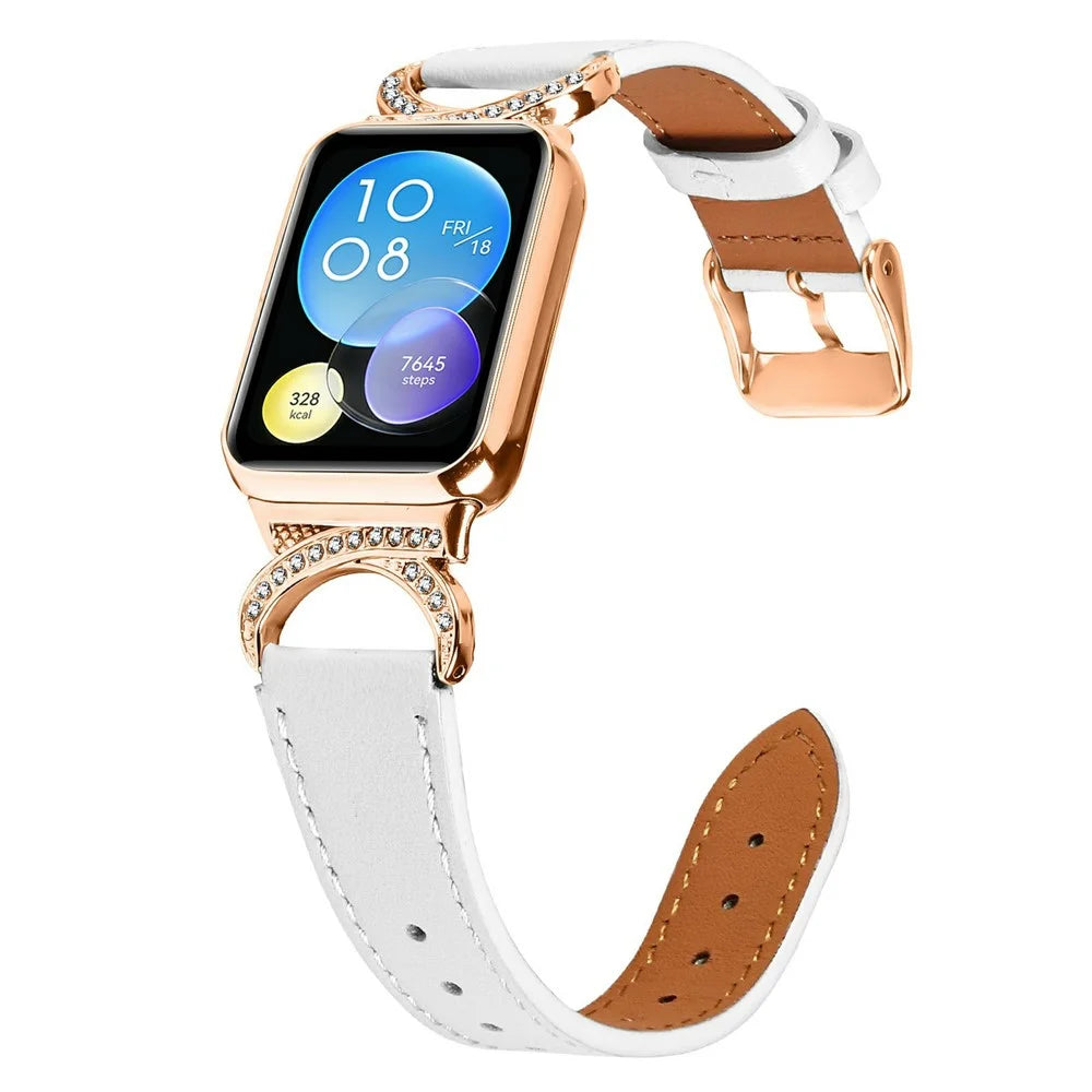 Genuine Cow Leather Strap for Xiaomi Smart Band 9 Pro / 8 Pro / Redmi Watch 4 , Rhinestone Connector Watch Band with Rose Gold Buckle - White - 2