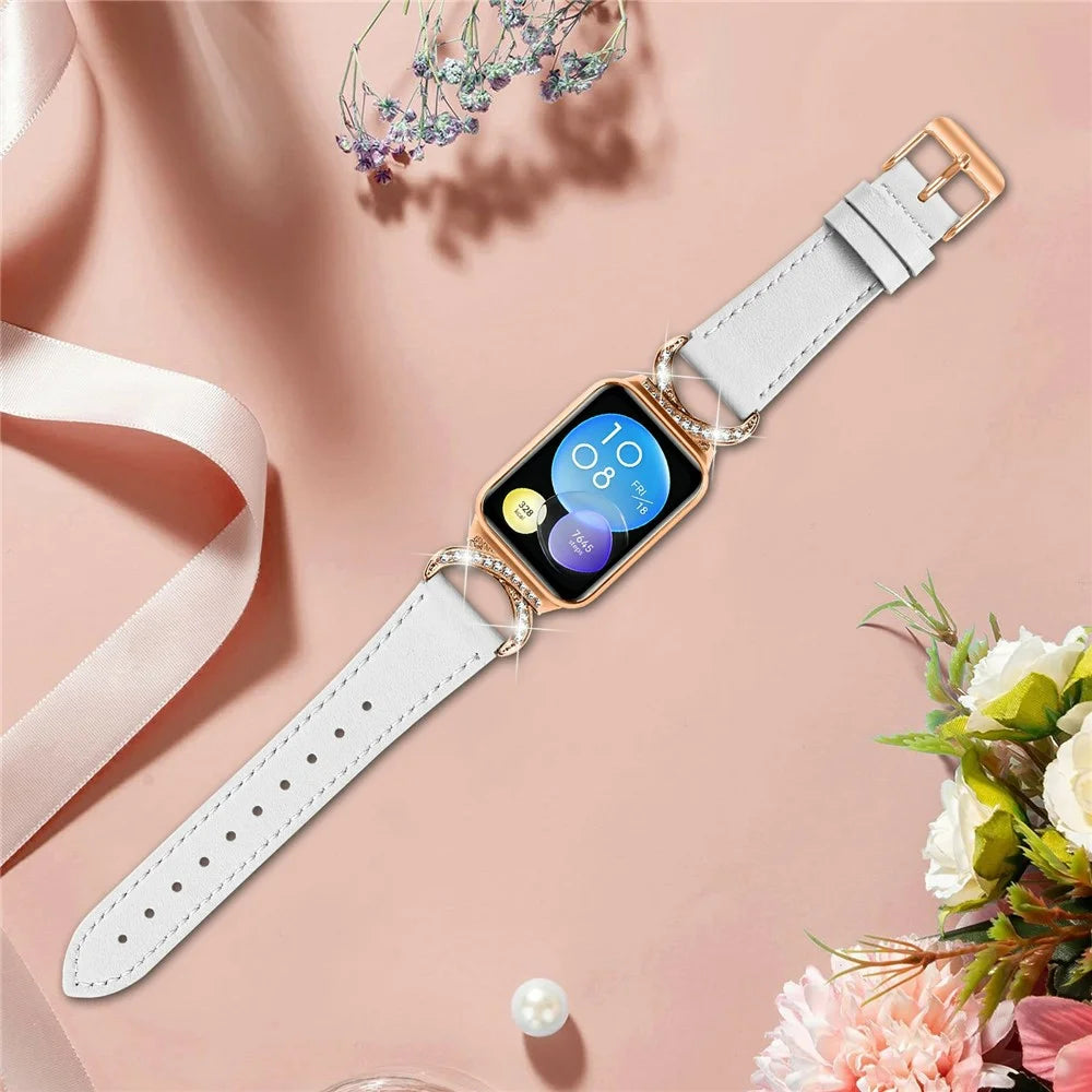 Genuine Cow Leather Strap for Xiaomi Smart Band 9 Pro / 8 Pro / Redmi Watch 4 , Rhinestone Connector Watch Band with Rose Gold Buckle - White - 5