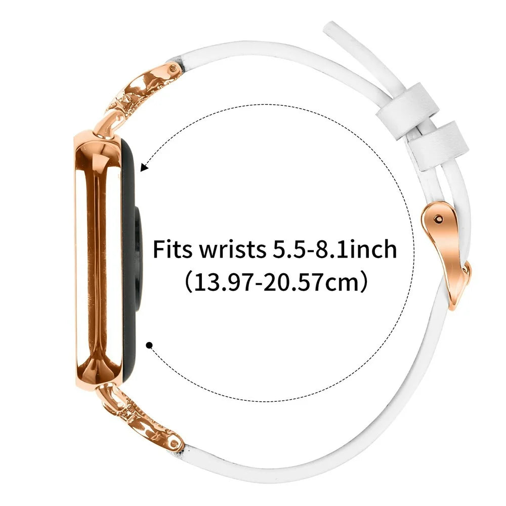 Genuine Cow Leather Strap for Xiaomi Smart Band 9 Pro / 8 Pro / Redmi Watch 4 , Rhinestone Connector Watch Band with Rose Gold Buckle - White - 6