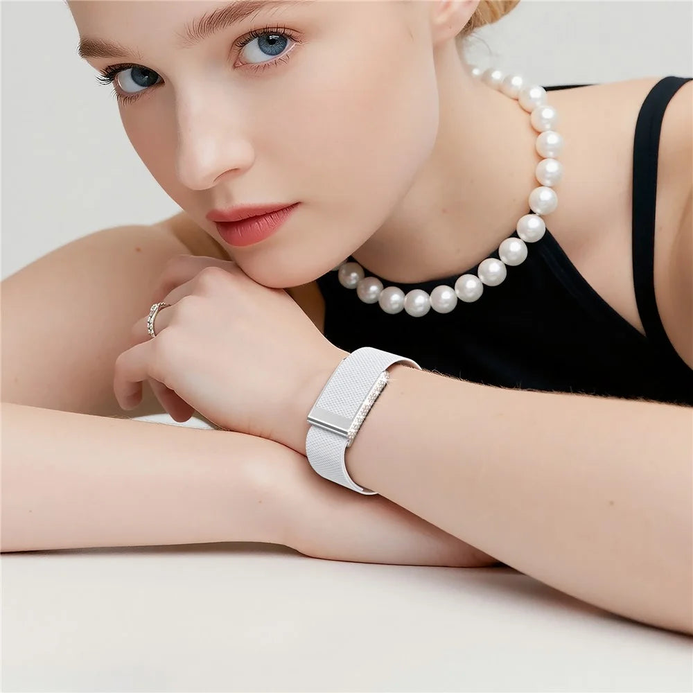 For WHOOP 5.0 Nylon Elastic Strap with Rhinestone Decor Adjustable Replacement Wristband - White - 5