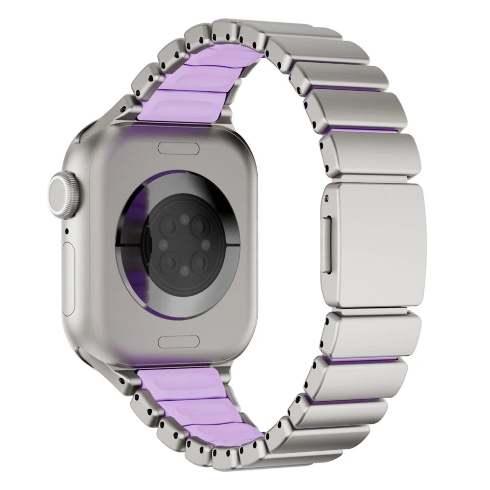 Strap for Apple Watch Series 11 10 42mm  /  9 8 7 41mm  /  SE3 SE2 SE 6 5 4 40mm  /  3 2 1 38mm Stainless Steel + Silicone Replacement Band with Magnetic Buckle - Titanium+Purple - 1